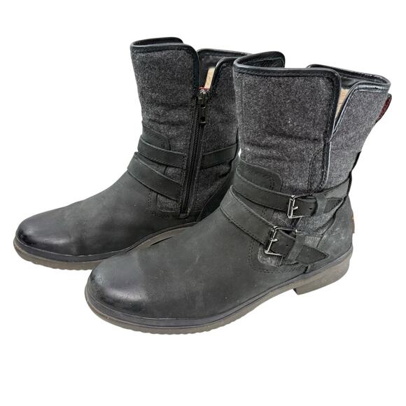Ugg Simmens Black Leather Waterproof Short Boots Wool Lined Zip Up Women Size 10 - Picture 1 of 11
